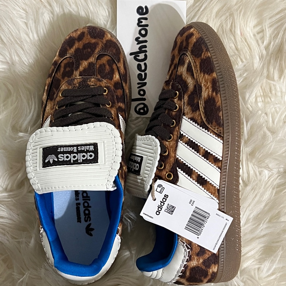 adidas Leopard Print Sneakers with White Stripes and Blue Lining